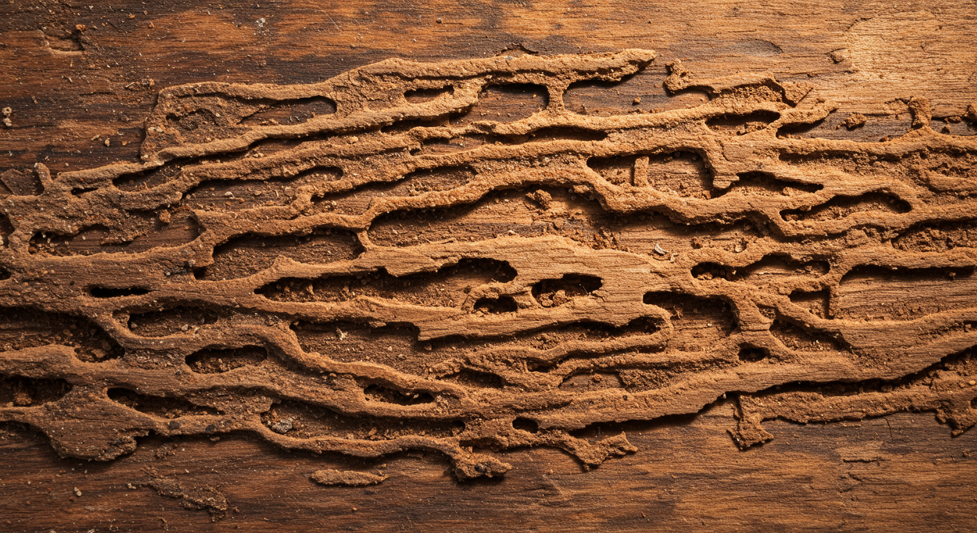 A close-up image of wood damage caused by termites, illustrating the severity of infestations.