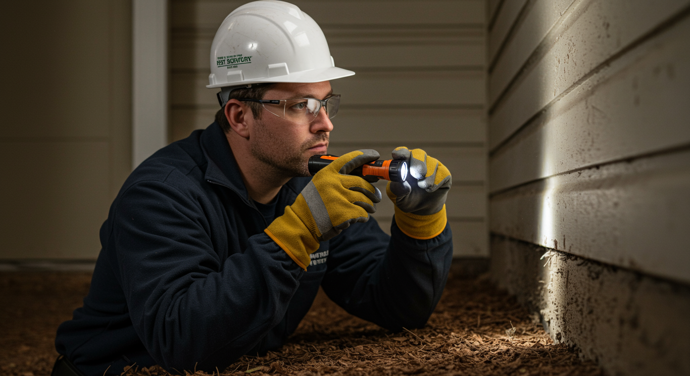 A professional pest control technician inspecting a home’s foundation with a flashlight, looking for signs of termite activity.
