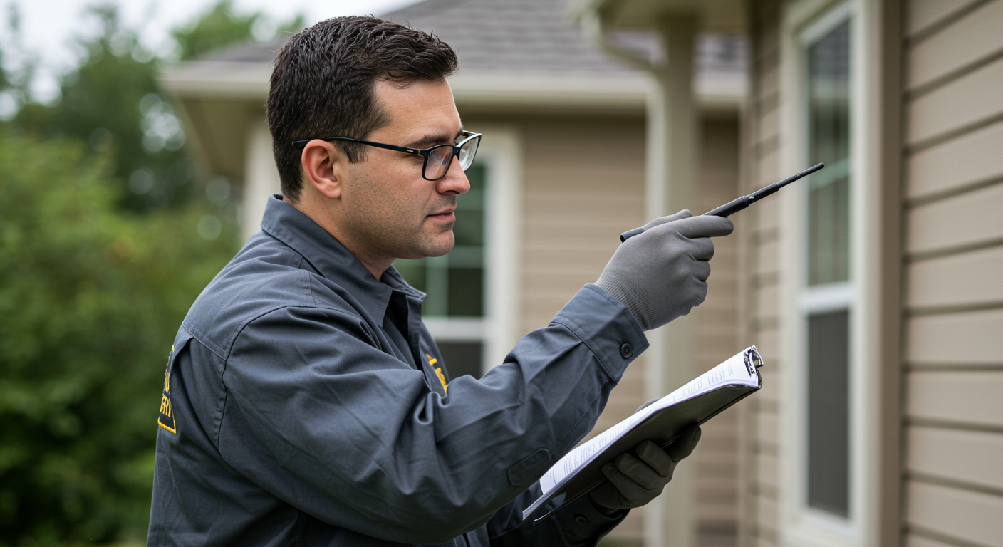 A professional pest control technician in uniform inspecting a residential home for termite damage, with a focus on the technician's attentive expression and the home's exterior.