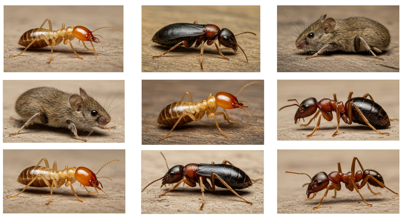 A close-up collage of common pests found in Jackson, MS, such as termites, ants, and rodents. Each pest is clearly visible, emphasizing the need for pest control services.