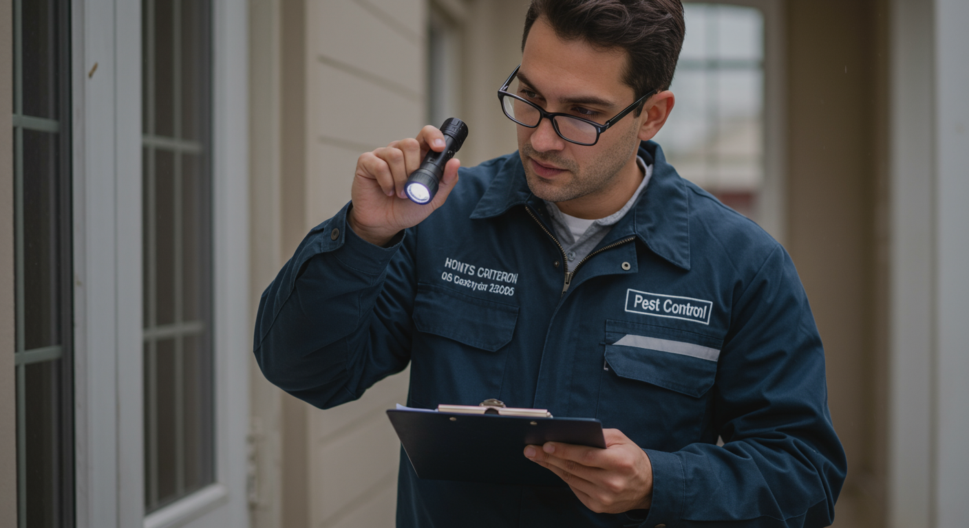 A professional pest control technician in uniform, inspecting a residential property for pests. The technician is using a flashlight and clipboard, showcasing a thorough inspection process.