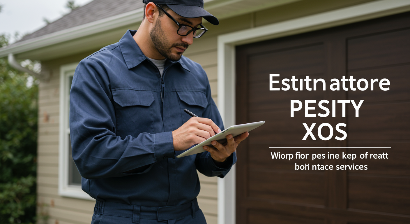 A pest control technician in uniform inspecting a residential property for pest issues. The technician is using a tablet to take notes, symbolizing the process of estimating costs for pest control services.