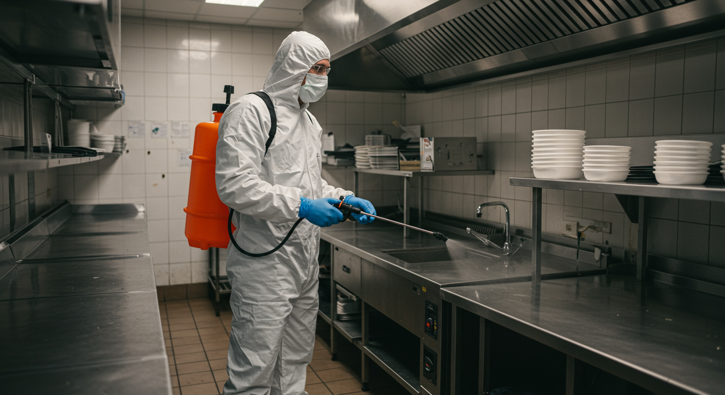A pest control professional applying treatment in a commercial kitchen or restaurant setting. The image captures the technician using a sprayer, emphasizing the importance of pest management in food safety.
