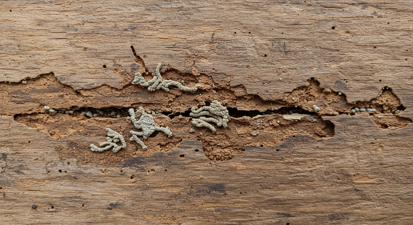 Close-up of damaged wood showing signs of termite activity, including small holes and frass (termite droppings).
