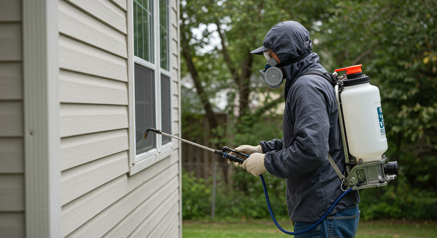 A technician applying a termite treatment solution around the perimeter of a house.